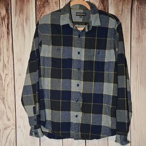 Express Men's Navy and Gray Checkered Flannel Shirt Size Large